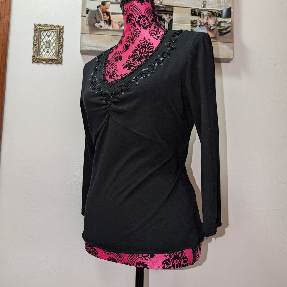 Black Longsleve Top With Beaded And Sequin Trim